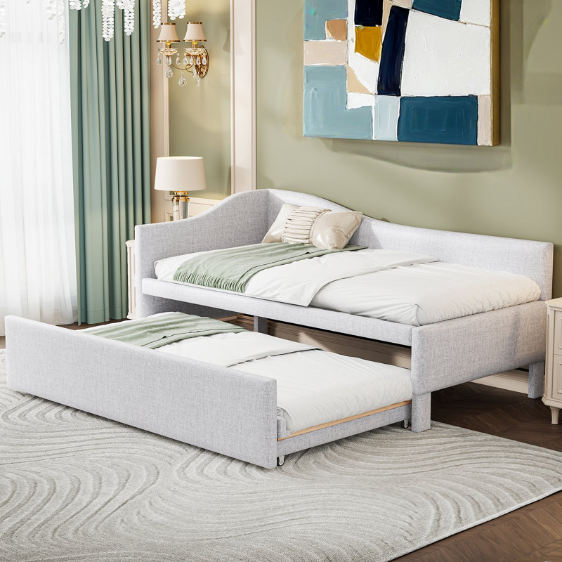 Twin Size Upholstered L-Shaped Upholstered Daybed With Pop Up Trundle, Beige
