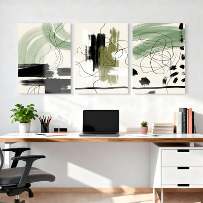Abstrait vert et noir coup de pinceau sur toile tendue, ensemble de 3 reproductions d'art sur toile pour salon, chambre à coucher ou bureau