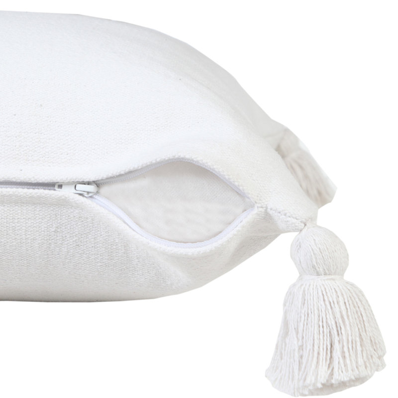 White Cotton Square Throw Pillow with Tassels