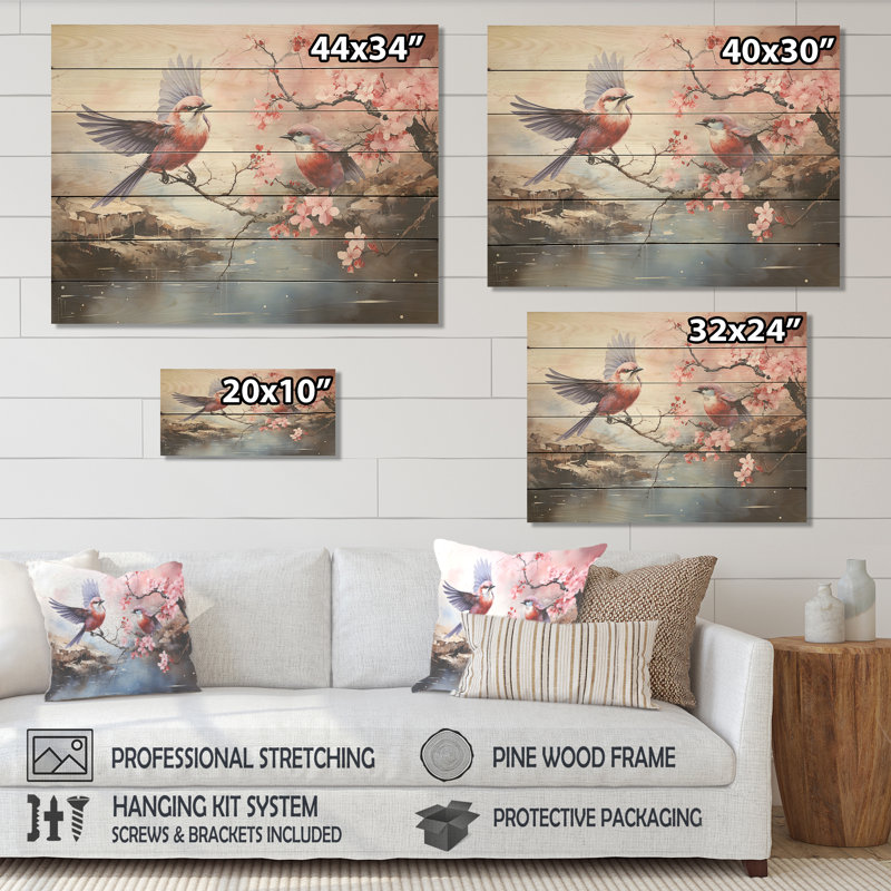 Vol de cerisier japonais en fleurs II - impression d'oiseau sur bois, H 10 po x l 20 po