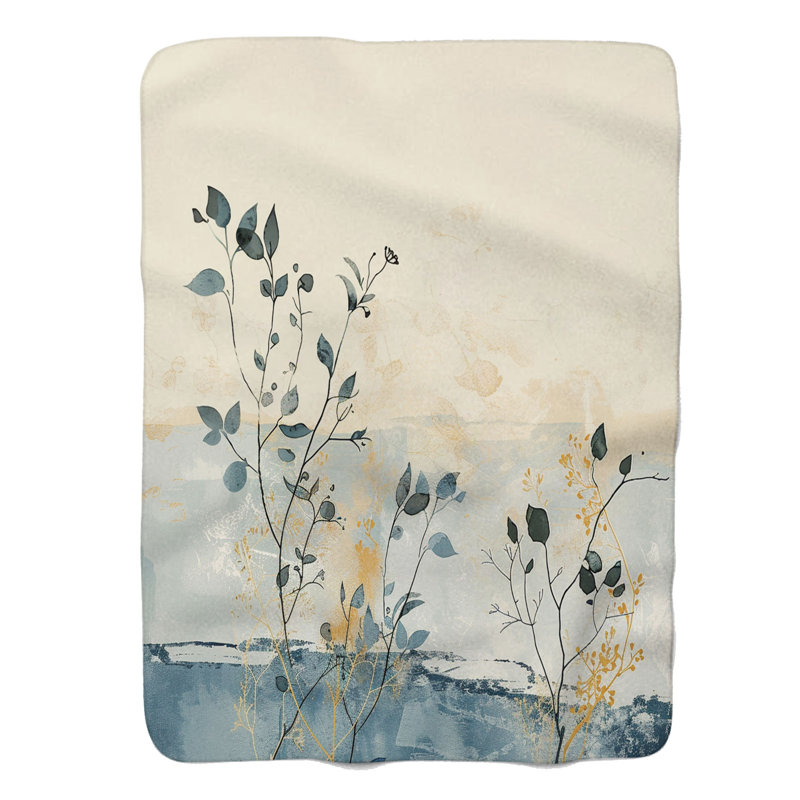 Motifs de fleurs bleues et dorées - couverture en sherpa de qualité supérieure 1 pièce, Grand lit