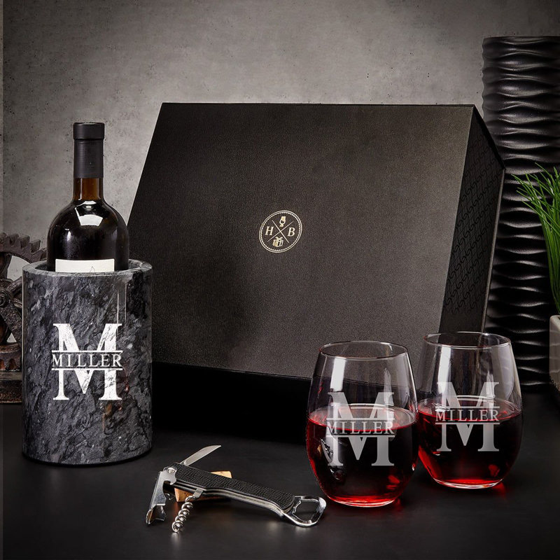Ensemble-cadeau de refroidisseur à vin en marbre personnalisé avec verres à vin sans pied - 5 pièces, Oui