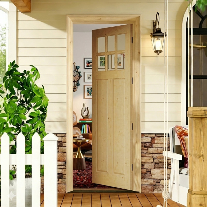 Pine Entry Door Slab With Sound-Reducing Natural Pine Frame - 6 Lite Clear Glass , Solid Wood, Right, L 32 po x H 80 po