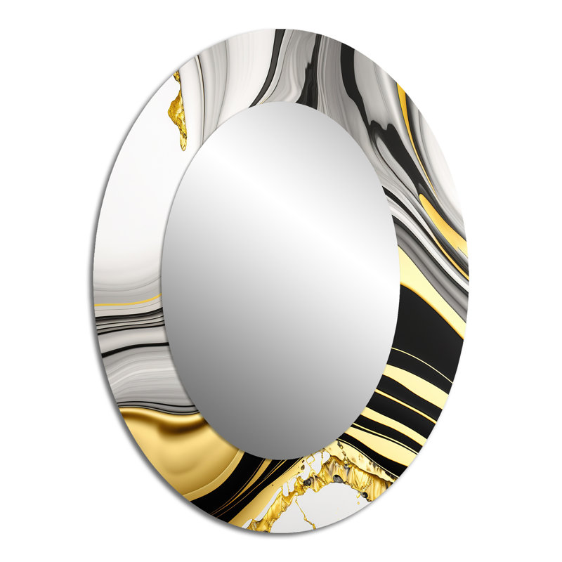 Abstrait Geode Marble Waves Gold III - Miroir décoratif abstrait ovale sur métal, 40 po x 30 po
