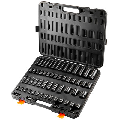 59Pcs 6 - Point Impact Sockets 3/8" & 1/2" Drive Bit Ratchet Tool Crafted From Cr Mo Industrial Grade Alloy Steel, Featuring High Torque, Vacuum Heat Treated Surface And A Portable Toolbox For
