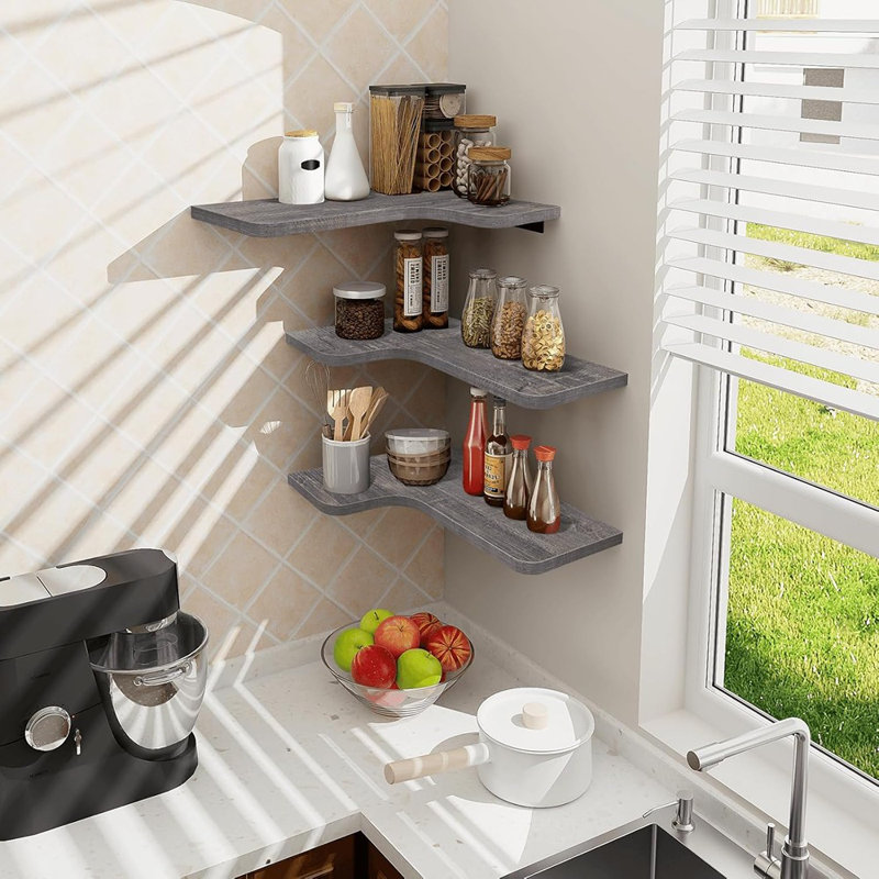 Corner Floating Shelves Set Of 3, Wall-Mounted Wooden Shelves With Cord Hole