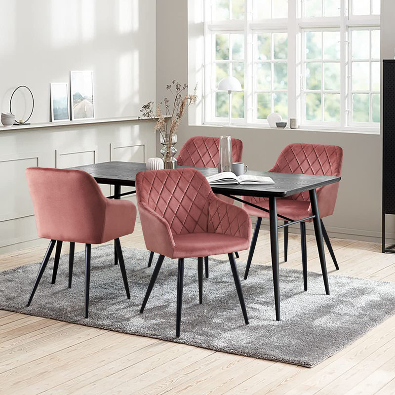 2 X Dining Chairs, Velvet Upholstered Seat Kitchen Chairs With Armrests, Black, Pink