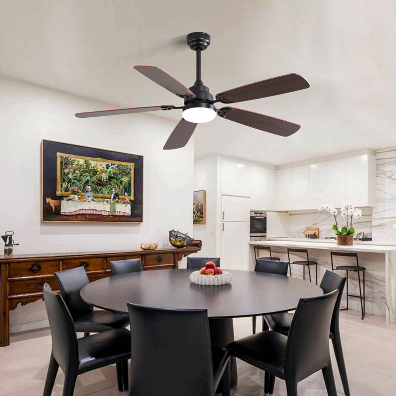 Indoor Modern 52 Inch Ceiling Fan 6 Speed Wind 5 Blades Remote Control Reversible DC Motor With Led Light, Black, Black