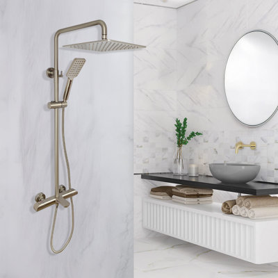 Système de tuyau de douche thermostatique exposé à trois fonctions Zen avec pomme de douche à pluie carrée 10 po x 10 po x 1/5 po et douchette à main et douchette à 3 fonctions