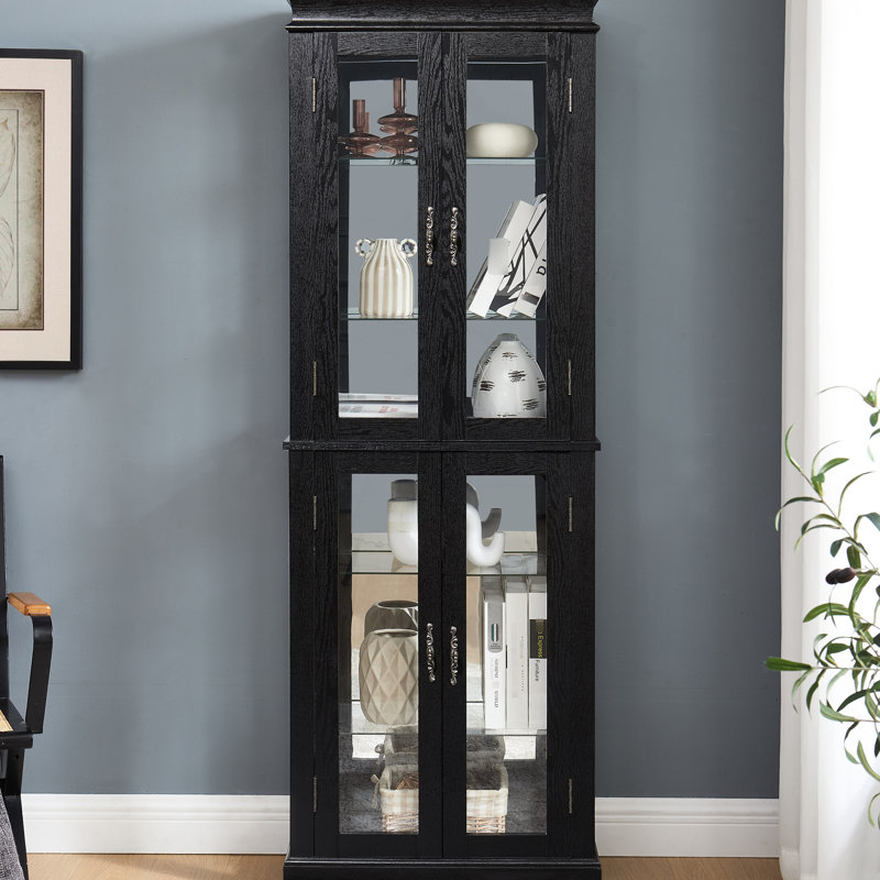 Vitrine en bois avec cadre en bois avec éclairage ambiant intégré, disposition à six niveaux, tablettes réglables pour le vin et les espaces de vie, tablettes avec éclairage noir, idéal pour la présentation,