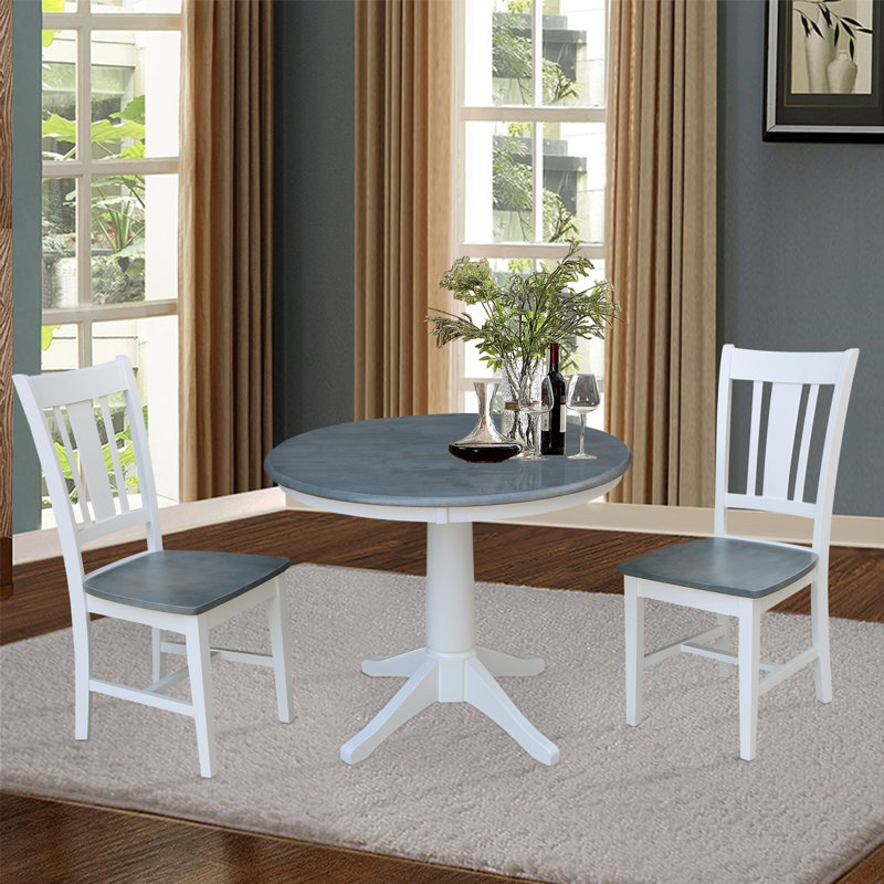 Ensemble de salle à manger à piédestal en bois massif 3 pièces Strauss, Gris chiné / Blanc, H 29,9 po x L 30 po x l 30 po