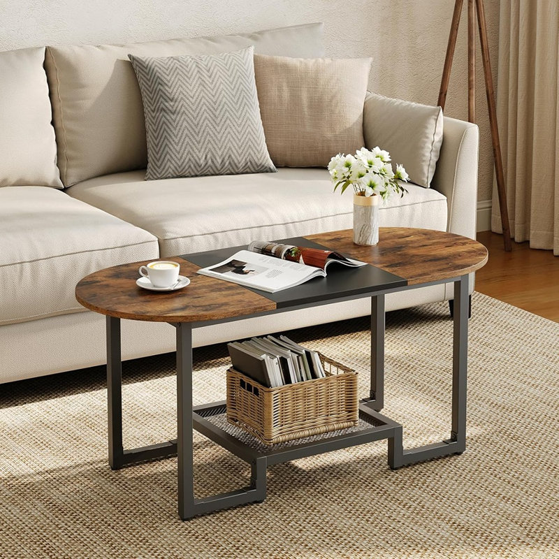Petite table basse ovale avec tablette de rangement à 2 niveaux, table centrale étroite moderne pour les petits espaces, le salon, la chambre à coucher ou le bureau (brun rustique)