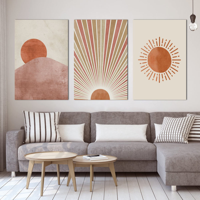 Toile abstraite murale 3 panneaux Boho Sun, H 24 po x l 16 po
