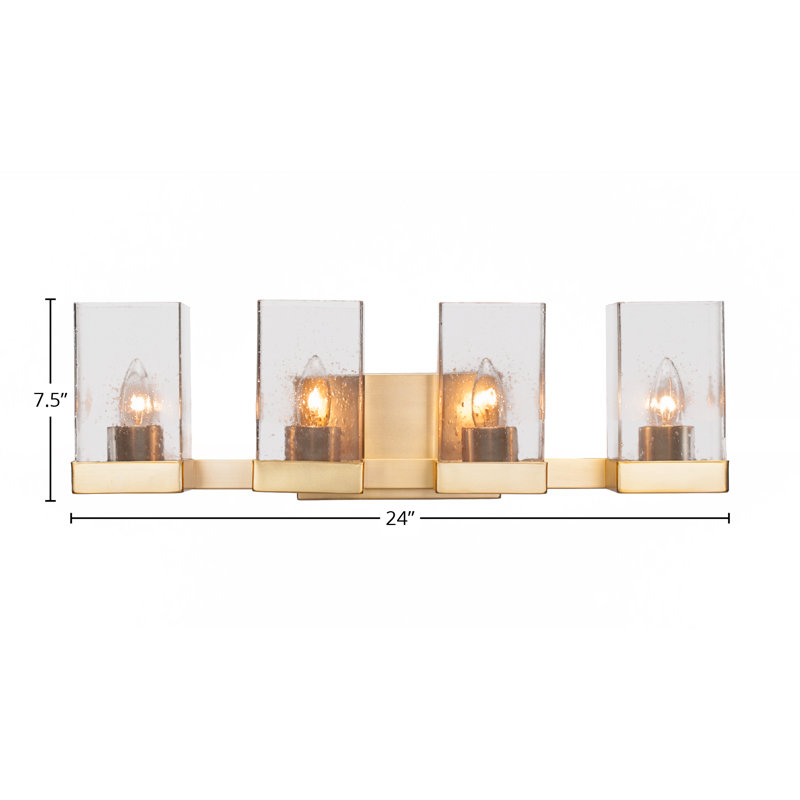 Barre d'éclairage de salle de bain 4 lumières Nouvelle avec verre carré transparent de 4 po, Laiton New Age
