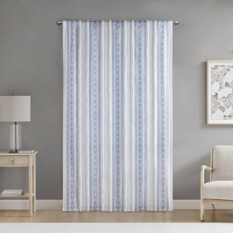 Panneau de rideau imprimé poly avec rayure et doublure touffetées blanc / bleu marine 50 po x 84 po, L 50,07 po x L 84 po