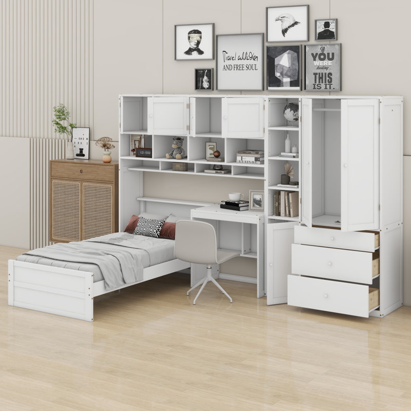Lit plateforme polyvalent en bois avec bureau, garde-robe, armoires et tablettes de présentation, Blanc