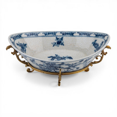 Blue White Floral Bird Oval Basin