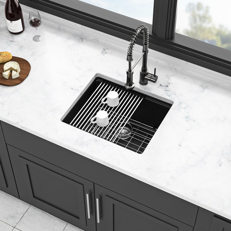 Black 21X18" Workstation Kitchen Sink Undermount, Fine - Grade Quartz Composite, Thick Strong And Quiet With Vibration Elimination, Non Scratch Hard Surface, Rounded Corners For Easy Wipe Down,
