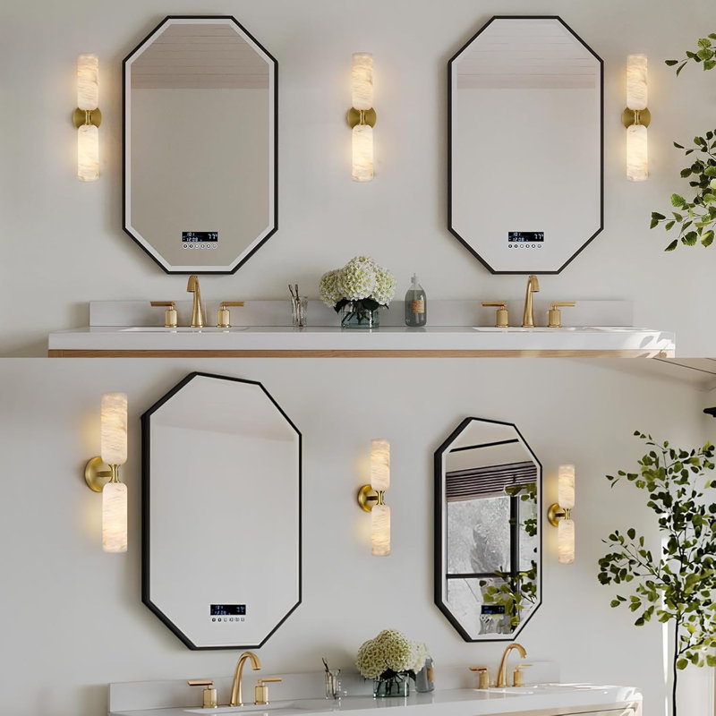 2 - Light Dimmable Brass Alabaster Wall Sconce With Marble Shade