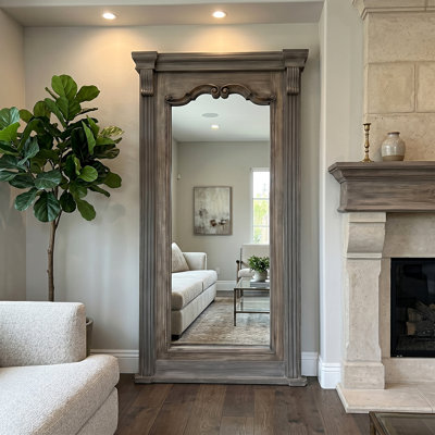 Distressed Natural Wood Cheval Floor Mirror with Double Post Stand