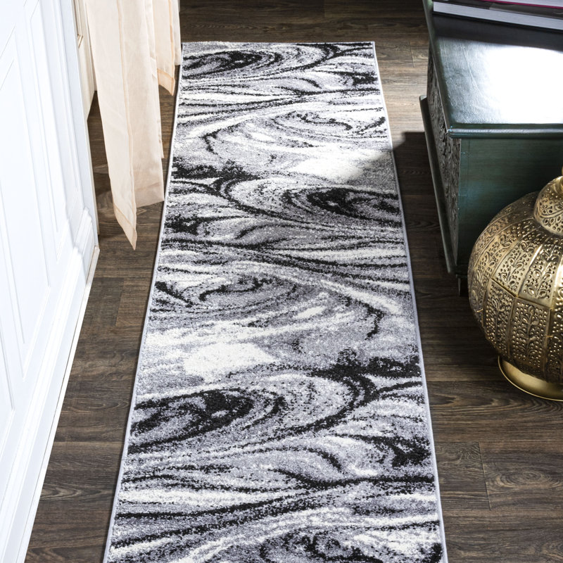 Bontrager Abstract Marble Contemporary Light Gray/Black Rug, Runner 2' x 10'