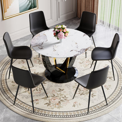 Modern 6‑Seat Round Dining Table Set – Tempered Glass Top Dining Table and Chairs, Stylish Kitchen & Dining Room Set