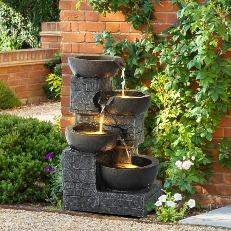 21.9" Outdoor Water Fountain With Led Lights, 4-tier Bowl And Stacked Stones Garden Fountain, Modern Cascading Waterfall Fountains For Garden, Patio, Backyard, Porch And Home Decor