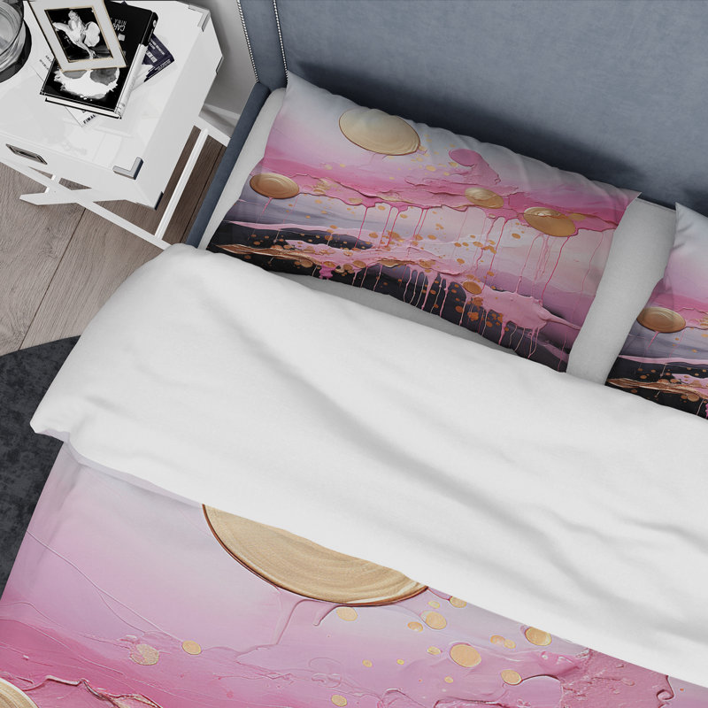 Gold And Pink Modern Liquid Shapes I - Abstract Modern Shapes Duvet Cover Set, King Duvet Cover + 2 King Shams