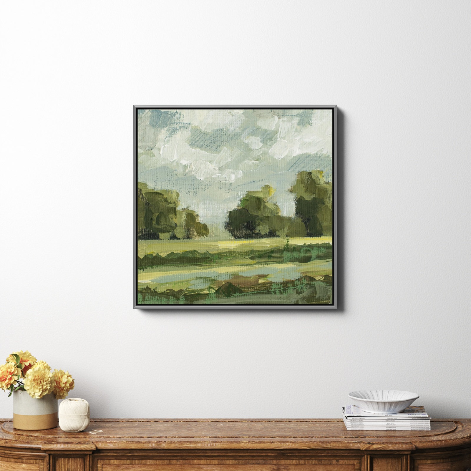 Abstract Landscape Pair 12 by Miss Mustard Seed, Silver Framed Canvas, No, 30" H x 30" W x 2" D