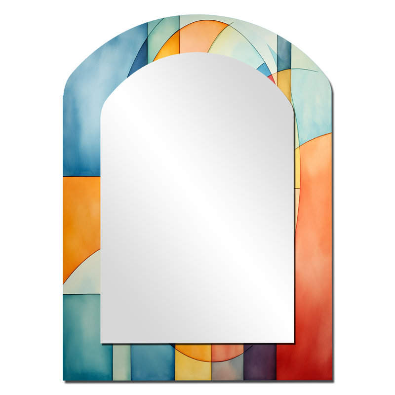Cubes de couleurs douces cubiques IV - miroir géométrique arqué, miroir mural asymétrique moderne, impression sur métal