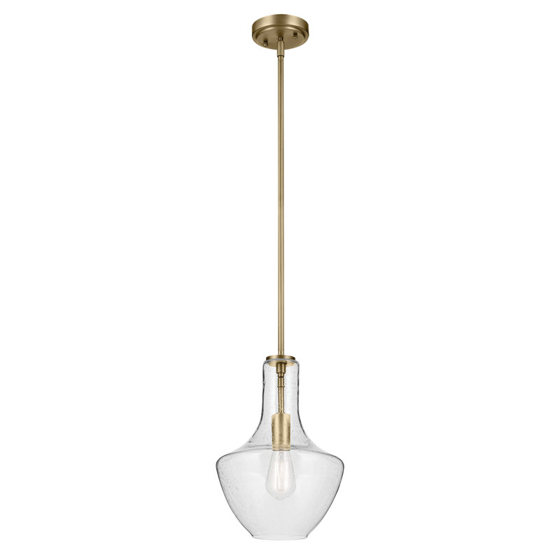15.25" 1-Light Bell Pendant with Clear Seeded Glass, Natural Brass