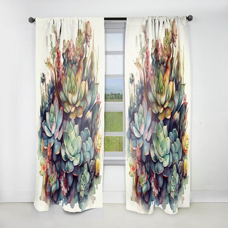 Rideau en velours à motif floral vert cactus III - 1 panneau, L 52 po x L 108 po