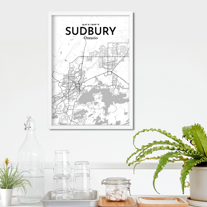 Sudbury City Map, impression, H 27,6 po x l 19,7 po, Gris / blanc