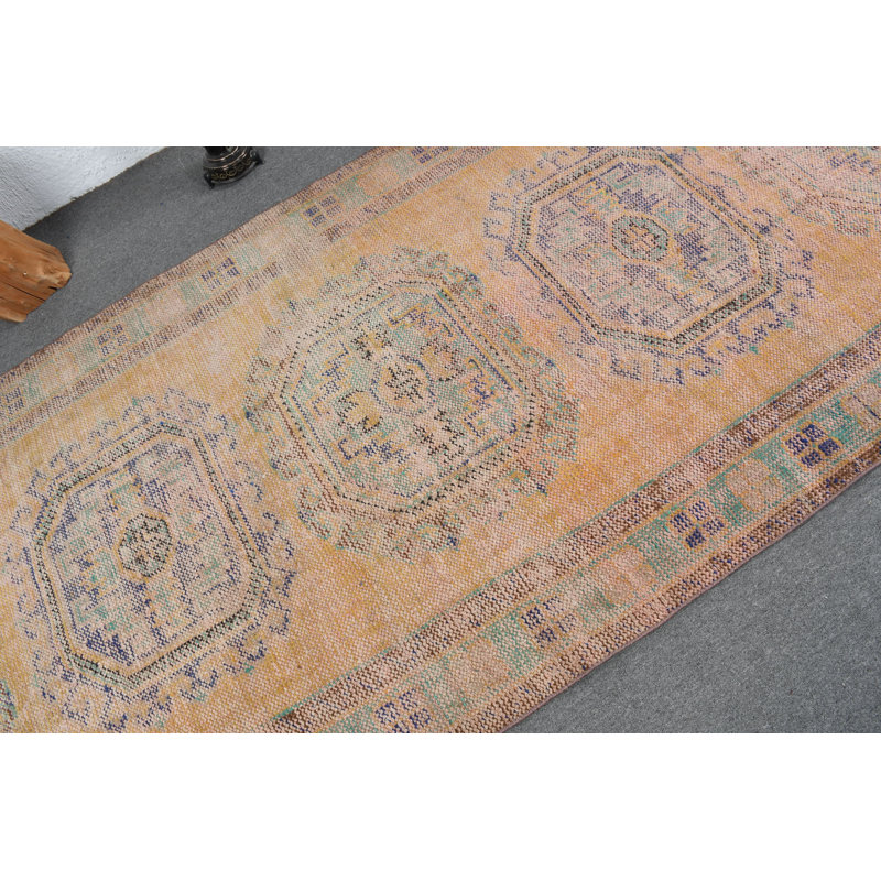Tapis de couloir vintage turc Oushak orange discret pour escalier et couloir orange / vert