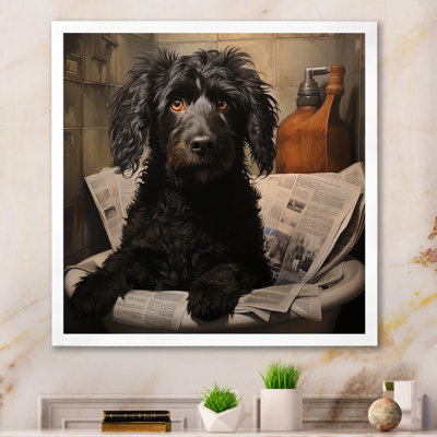 " Dog Reading Newspaper On Toilet "