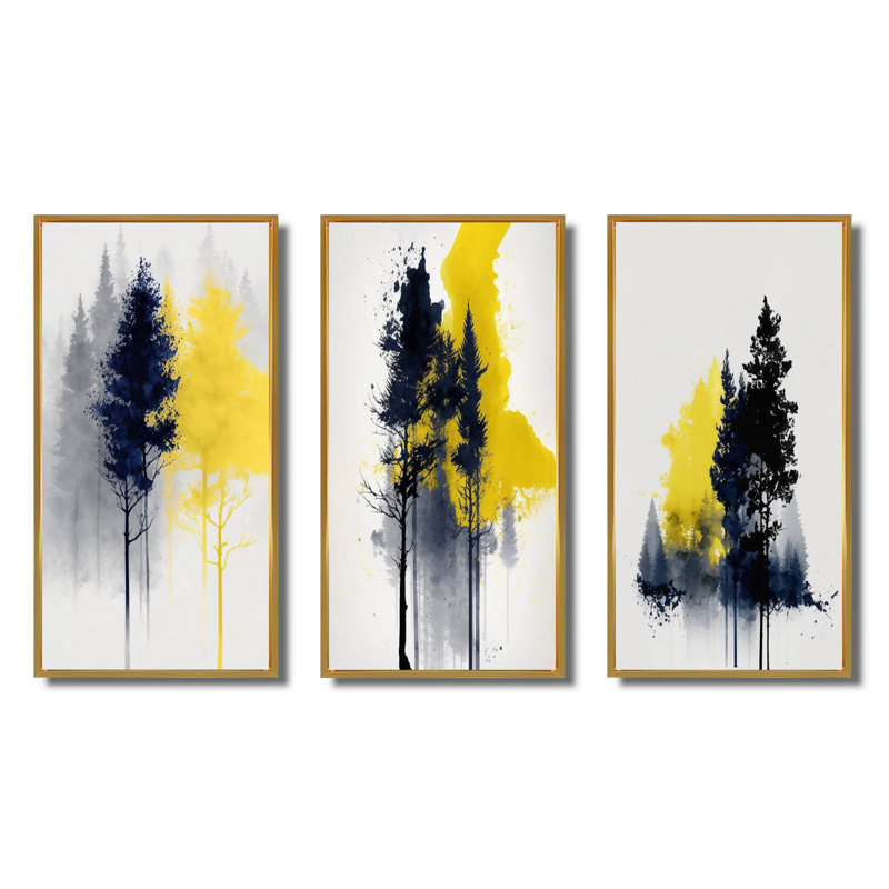 «Yellow Majestic Forest», 3 pièces sur toile, H 40 po x l 60 po, Cadre flottant doré