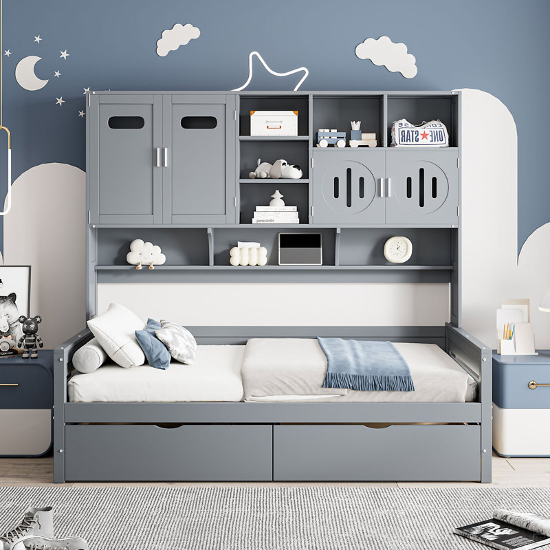 Lit de jour simple en bois avec 2 tiroirs, armoire et tablette tout-en-un, Grey