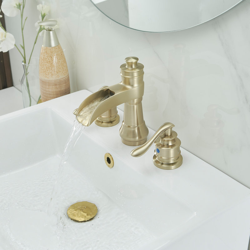 Robinet de salle de bain en cascade à 3 trous et 2 poignées avec bonde intégrée, Or brossé