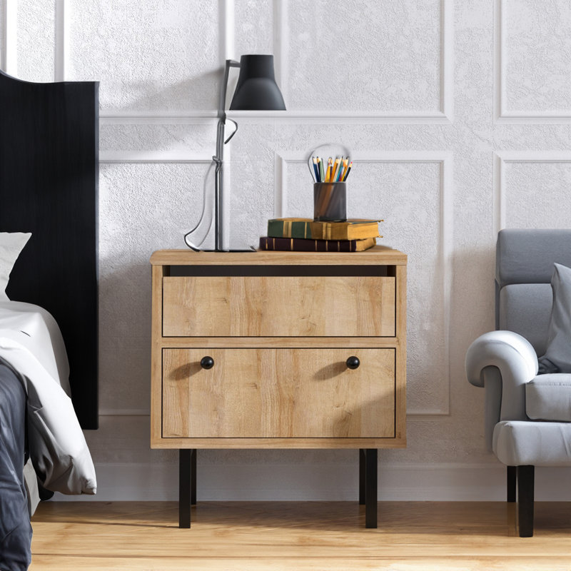 Elegant Nightstand with Metal Legs, Oak & Black Finish, 17.7 x 15.7 x 19.7 inches | 100% Melamine Coated Particle Board, Thickness: 0.7 inches | Wall-Mountable Design, Perfect for Traditional & Industrial Decor