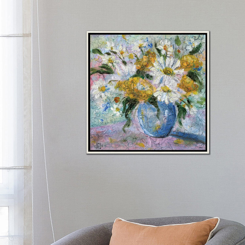 Bouquet de champ marguerites - reproduction d'art murale - toile encadrée, Blanc patiné
