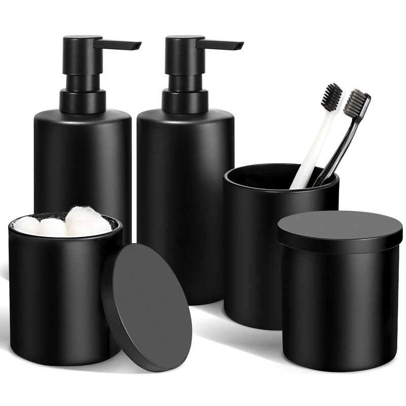 Matte Black Bathroom Accessories Set, 5 Pcs Bathroom Accessories Set, Glass Soap Dispenser And Toothbrush Holder Set, Cotton Swab Holder And Cotton Ball Holder, Modern Bathroom Decor Sets