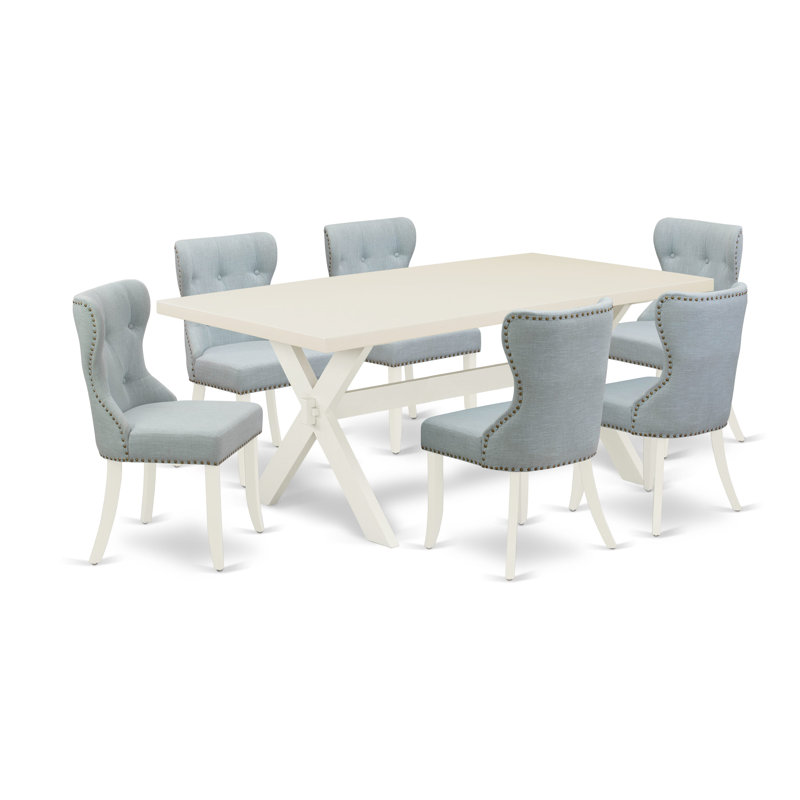 Ensemble de table de salle à manger 7 pièces composé d'une table de cuisine rectangulaire avec pieds en X et 6 chaises de salle à manger Parson en tissu bleu bébé, lin brossé blanc