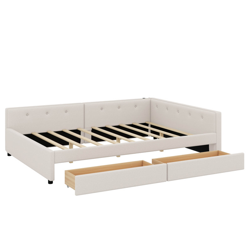 Lit plateforme tapissier avec port USB et 2 tiroirs, beige, Double