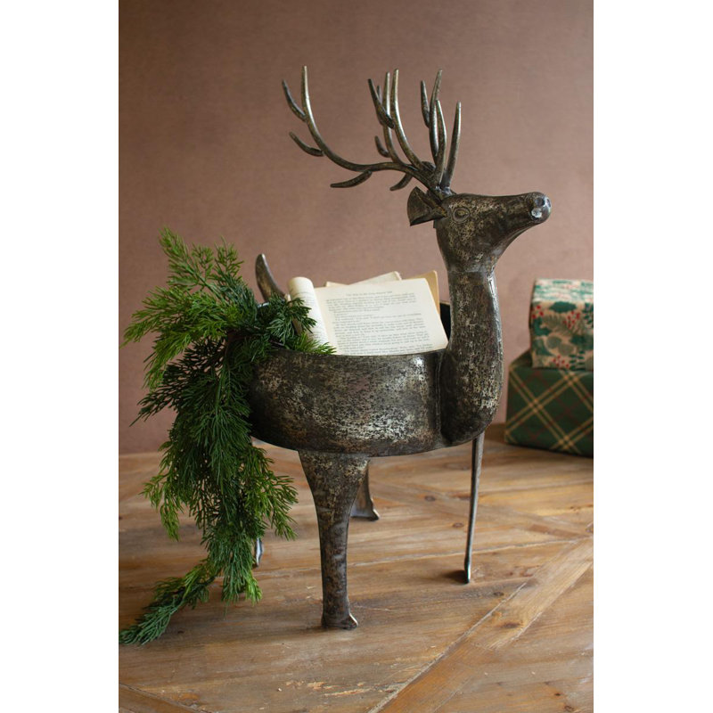  Metal Reindeer Planter 24"H – Rustic Distressed Finish – Holiday Accent