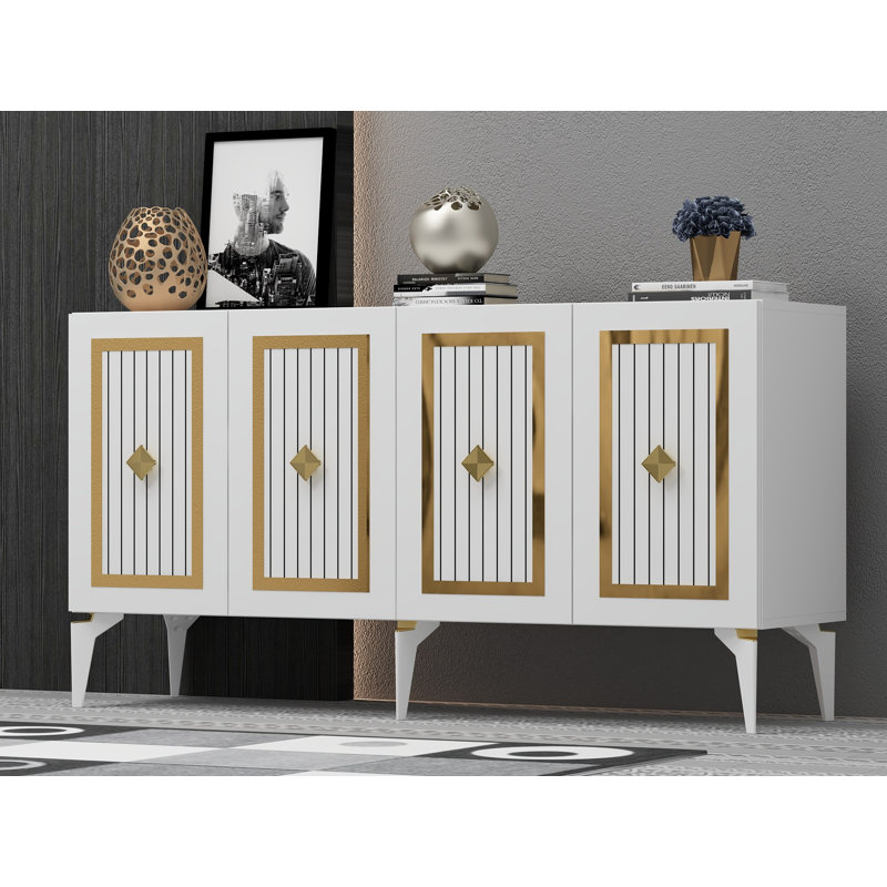 Console moderne, blanc et or, panneau de particules recouvert de mélamine à 100%, épaisseur: 0,7 pouce | Design glamour à rayures, parfait pour les vestibules et les salons, élégant et fonctionnel