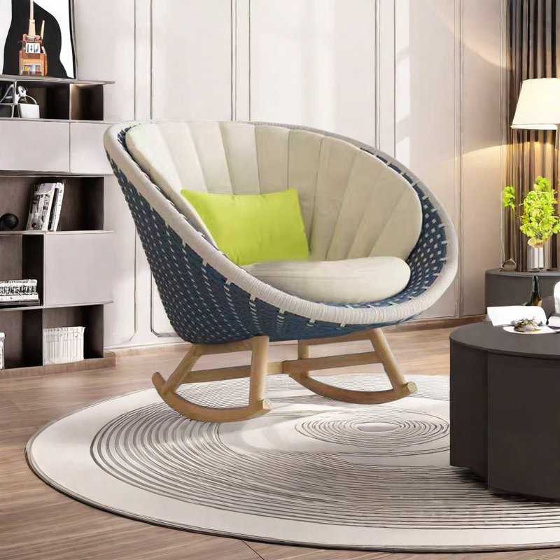 Chaise berçante confortable en rotin, Blanc / bleu