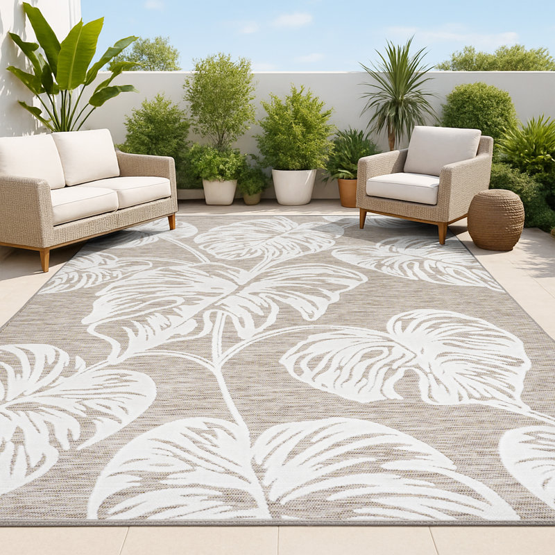 Shawver High-Low Two-Tone Monstera Leaf Brown/Ivory Indoor/Outdoor Rug, Rectangle 3'11" x 6'
