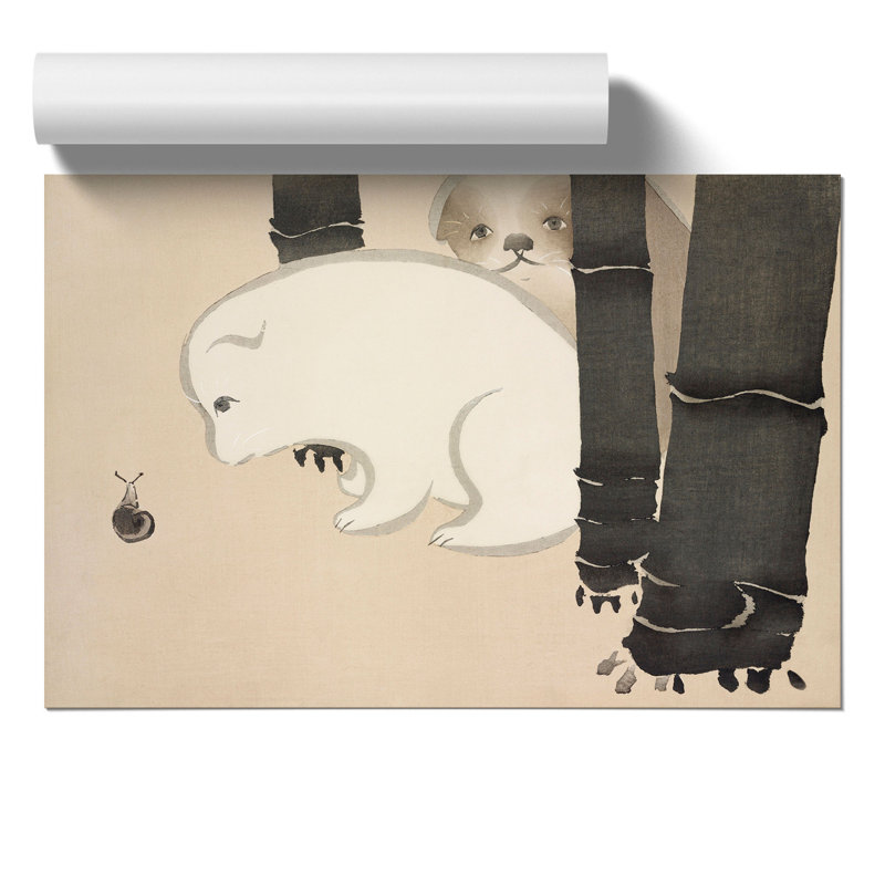 Puppies And A Snail by Kamisaka Sekka - No Frame Painting, 42cm H x 59cm W x 0.1cm D