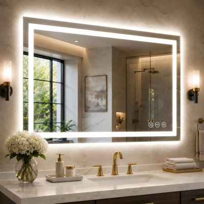 LED Bathroom Mirror With Backlit + Frontlit, Anti-Fog Tempered Glass Vanity Mirror