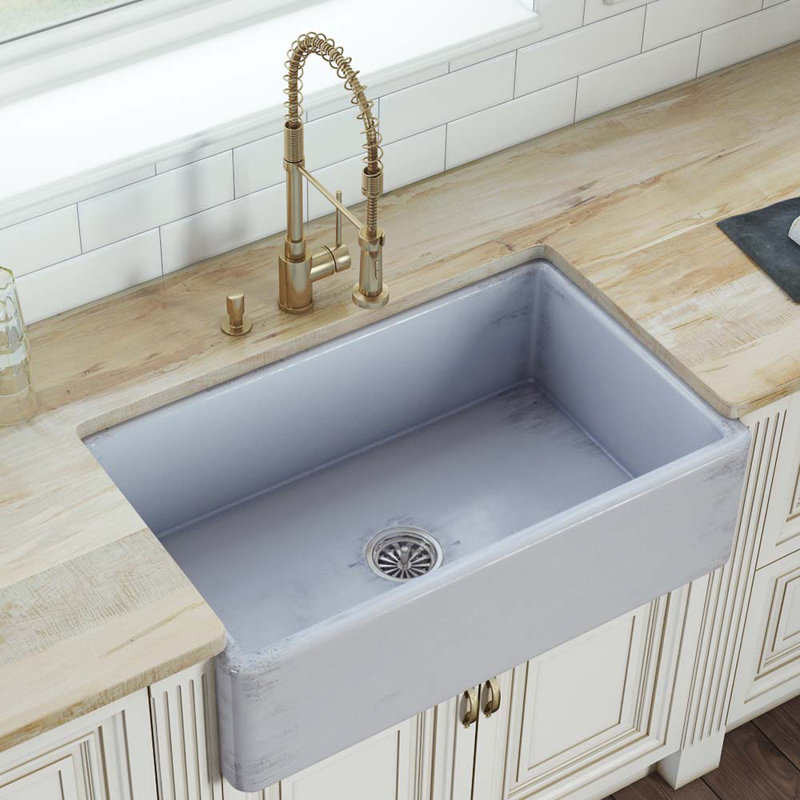 Fiamma 33" L x 20" W Farmhouse Kitchen Sink with Sink Grid and Drain Assembly, Distressed Coastal Blue